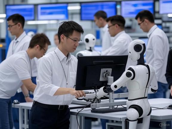 A futuristic workspace with AI robots and humans collaborating, featuring high-tech screens and smart factory elements.